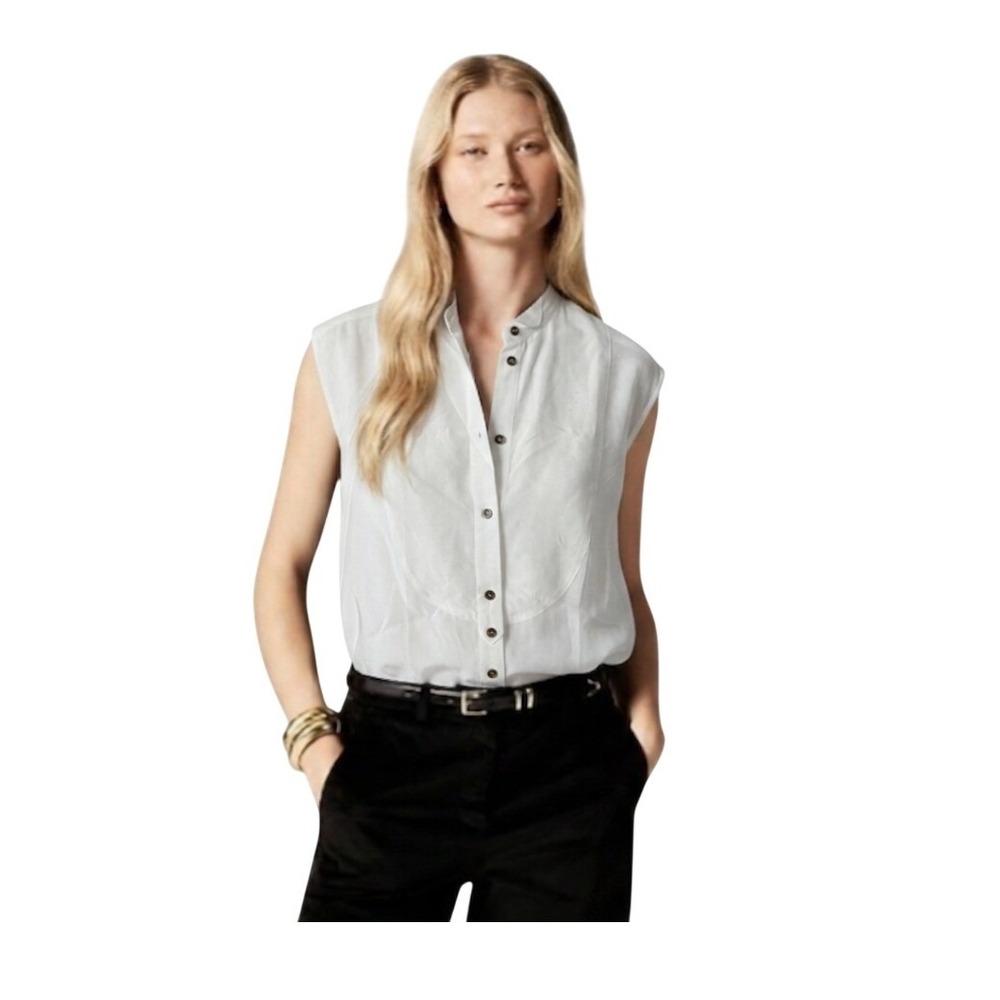 J.‎ Crew Jules Sleeveless Tuxedo Blouse Ivory Viscose Button Front Bib 2